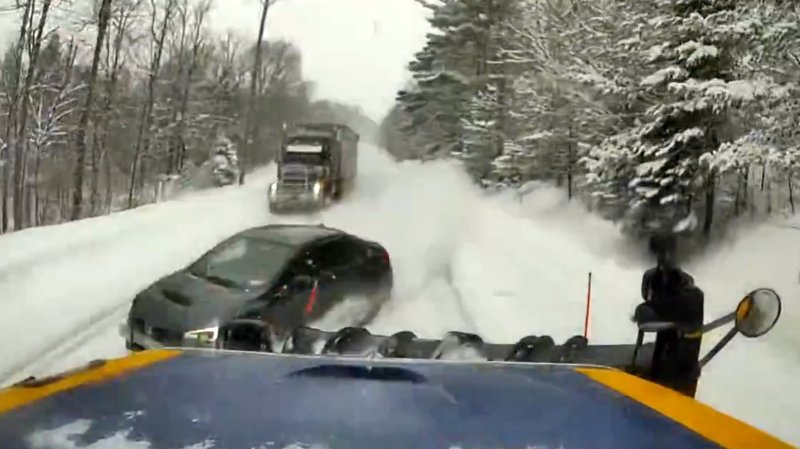 Subaru WRX Driver Hits Plow, Rips Car in Half After Bonehead Pass