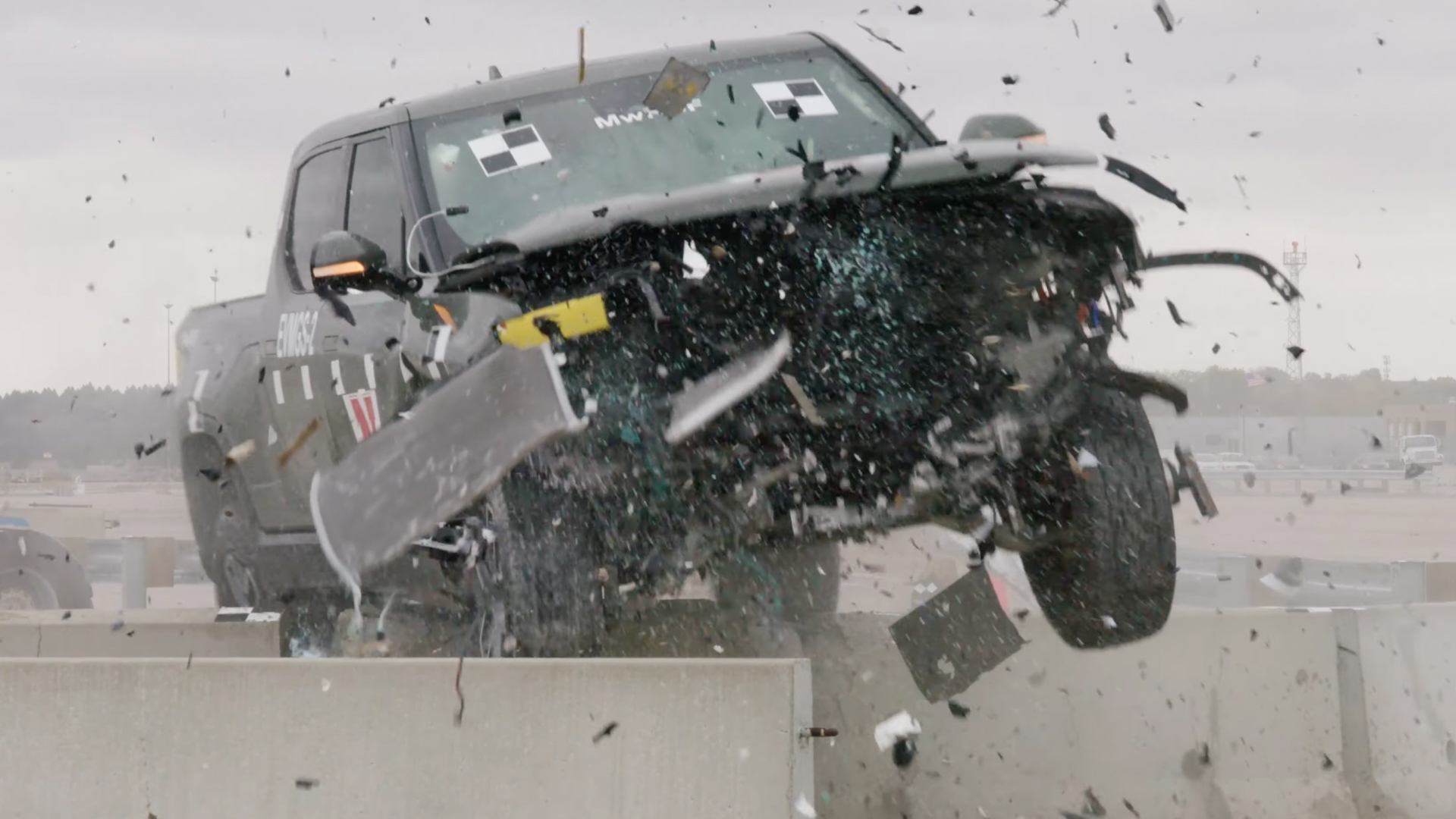 Watch a 7,000-LB Rivian R1T Destroy a Guardrail in Eyebrow-Raising Test