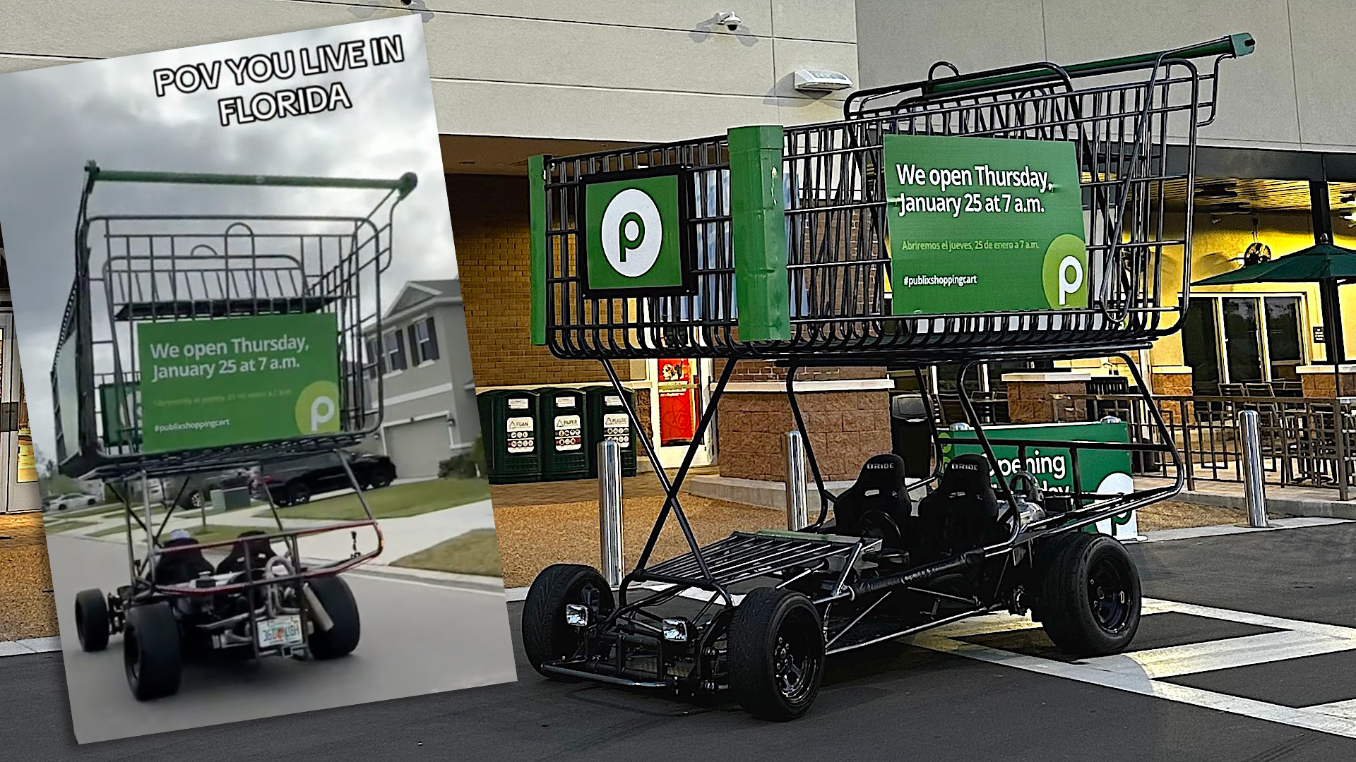 A giant Publix-branded shopping cart-shaped car