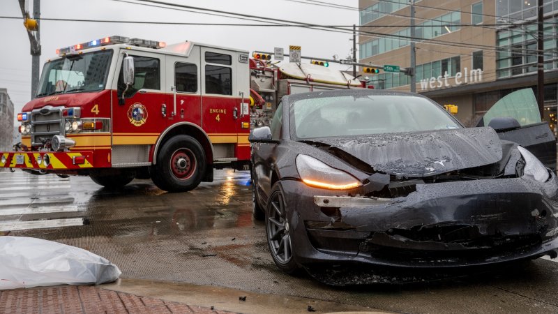 AUSTIN, TEXAS - FEBRUARY 01: A Tesla vehicle is seen damaged from a collision on February 01, 2023 in Austin, Texas. A winter storm is sweeping across portions of Texas, causing massive power outages and disruptions of highways and roads. (Photo by Brandon Bell/Getty Images)