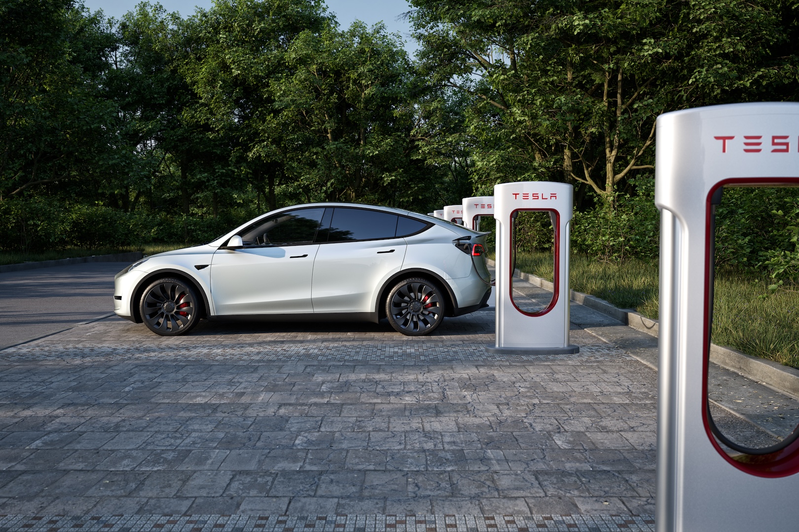 Tesla Model Y at a Supercharger station.