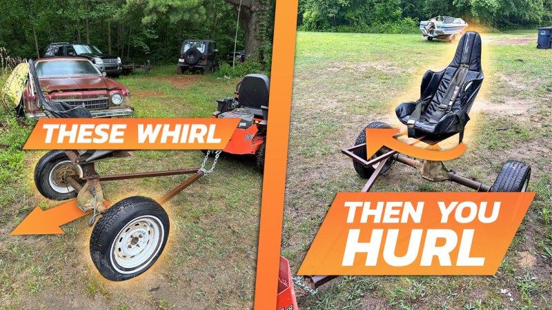 Side-by-side photos of a homemade car seat Hurl-a-Whirl on Facebook Marketplace with arrows added to explain how the axle spins the occupant, with the text superimposed "These Whirl" and "Then You Hurl."