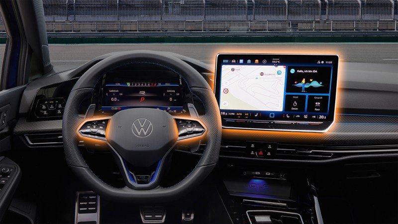 Image of 2025 VW Golf R interior with steering wheel controls and screen highlighted.
