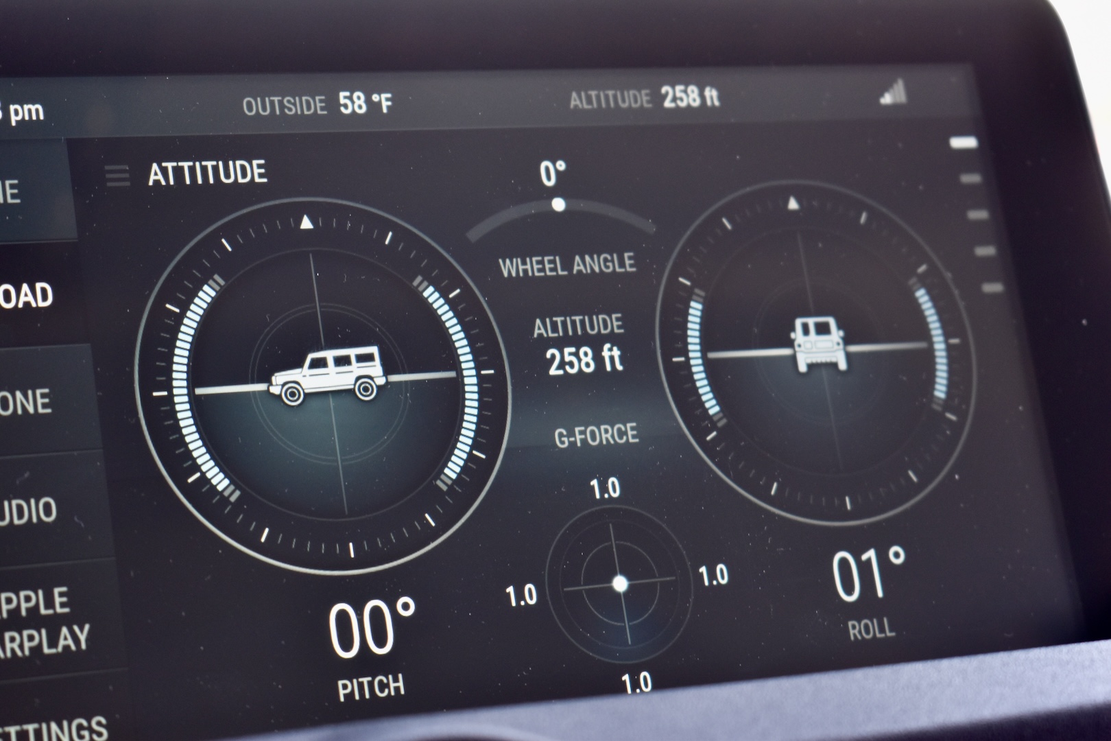 Ineos Grenadier infotainment showing pitch and roll displays