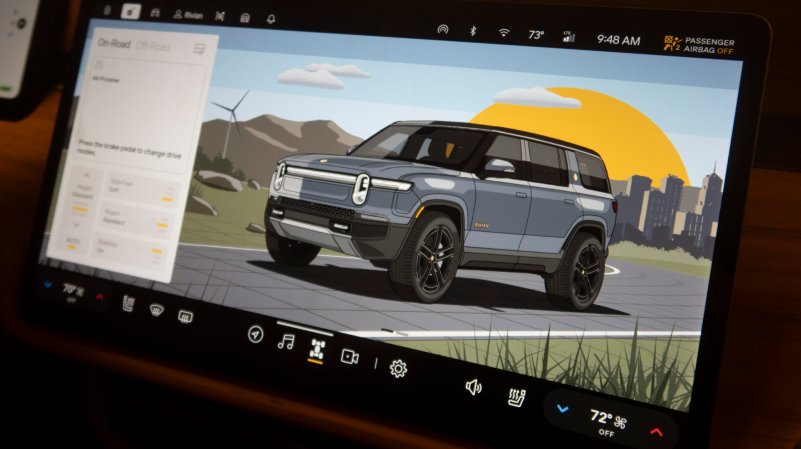 Rivian electric vehicle screen display.