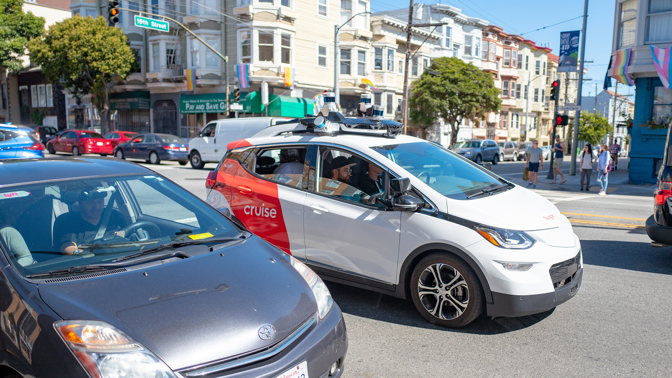 General Motors Cruise self-driving car undergoing testing on the streets of the Mission District neighborhood of San Francisco, California, October 6, 2019.