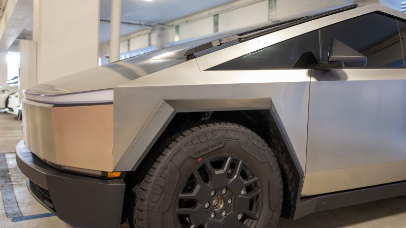 Close-up, low-angle view of front portion of the Tesla Cybertruck in a parking lot in San Ramon, California, April, 2024. Courtesy Bay Area Telegraph. (Photo by Gado/Getty Images)