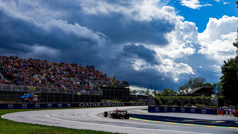 Shot of the first corner of the Canadian Grand Prix with ominous clouds overhead.