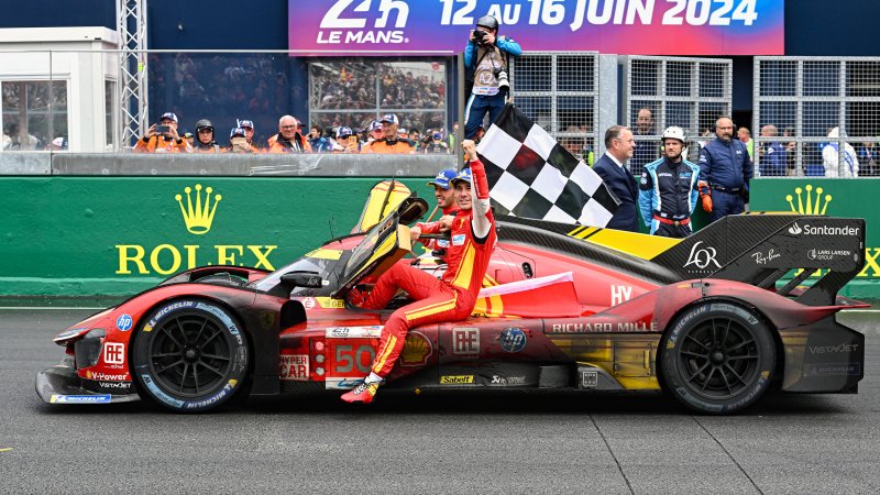 #50 Ferrari AF Corse driven by Antonio Fuoco, Miguel Molina, and Nicklas Nielsen goes for its victory lap after winning the 92nd edition of the Le Mans 24 Hours.