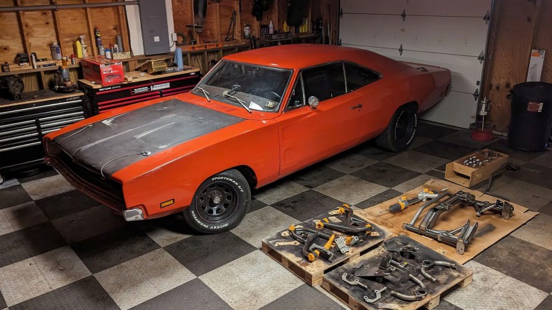 1969 Dodge Charger preparing for a front suspension conversion.