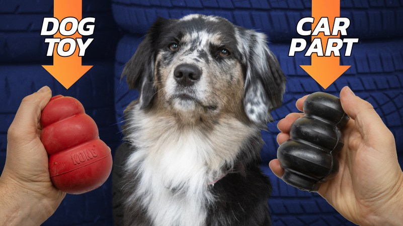 Comparing the Kong dog toy to the car part that inspired it.