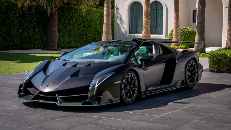 Black wedge-shaped supercar, the $6M Lamborghini Veneno Roadster