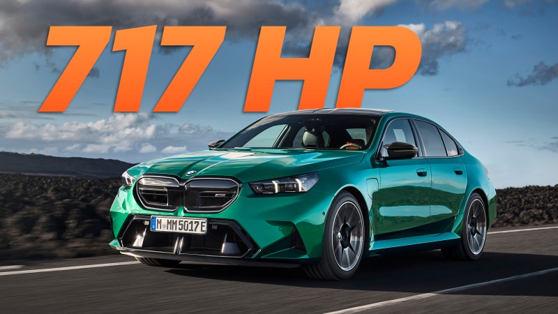 Image of 2025 M5 on road with "717 HP" written behind it in large text.