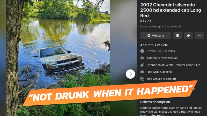 Screenshot of a listing of a sunken Chevrolet 2500 HD pickup partially submerged, with the text "Not Drunk When It Happened" superimposed.