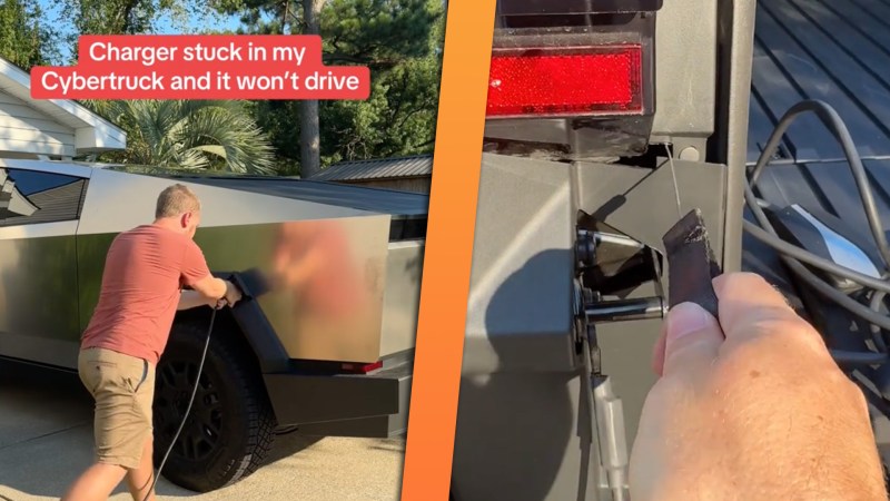 Side-by-side image of a Cybertruck owner struggling to remove the charge plug from his vehicle, and then using the emergency release.