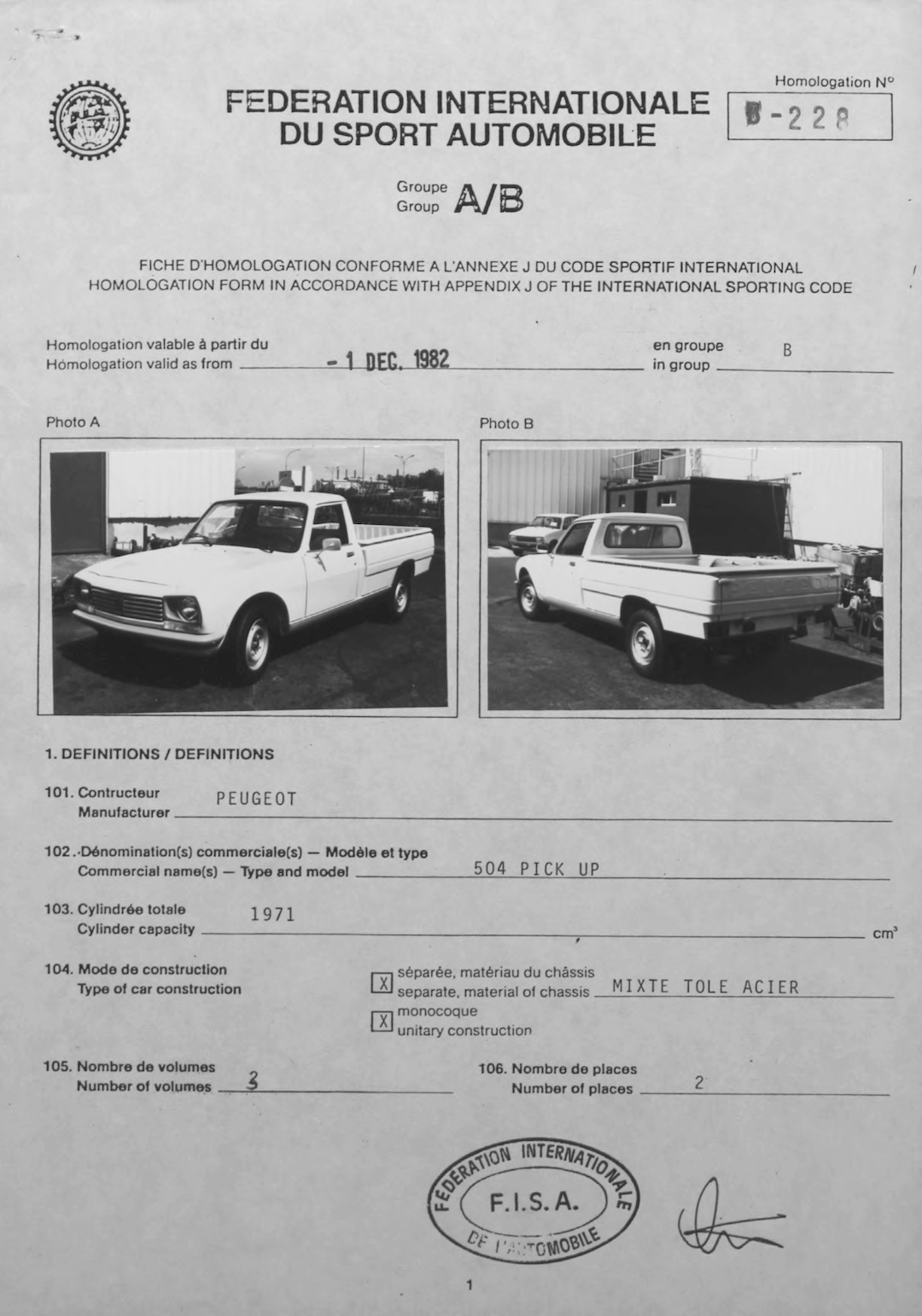 Peugeot 504 pickup homologation papers