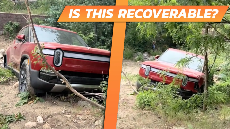 Side-by-side image of a stuck Rivian R1T in a ditch with the text "Is This Recoverable?" over top.