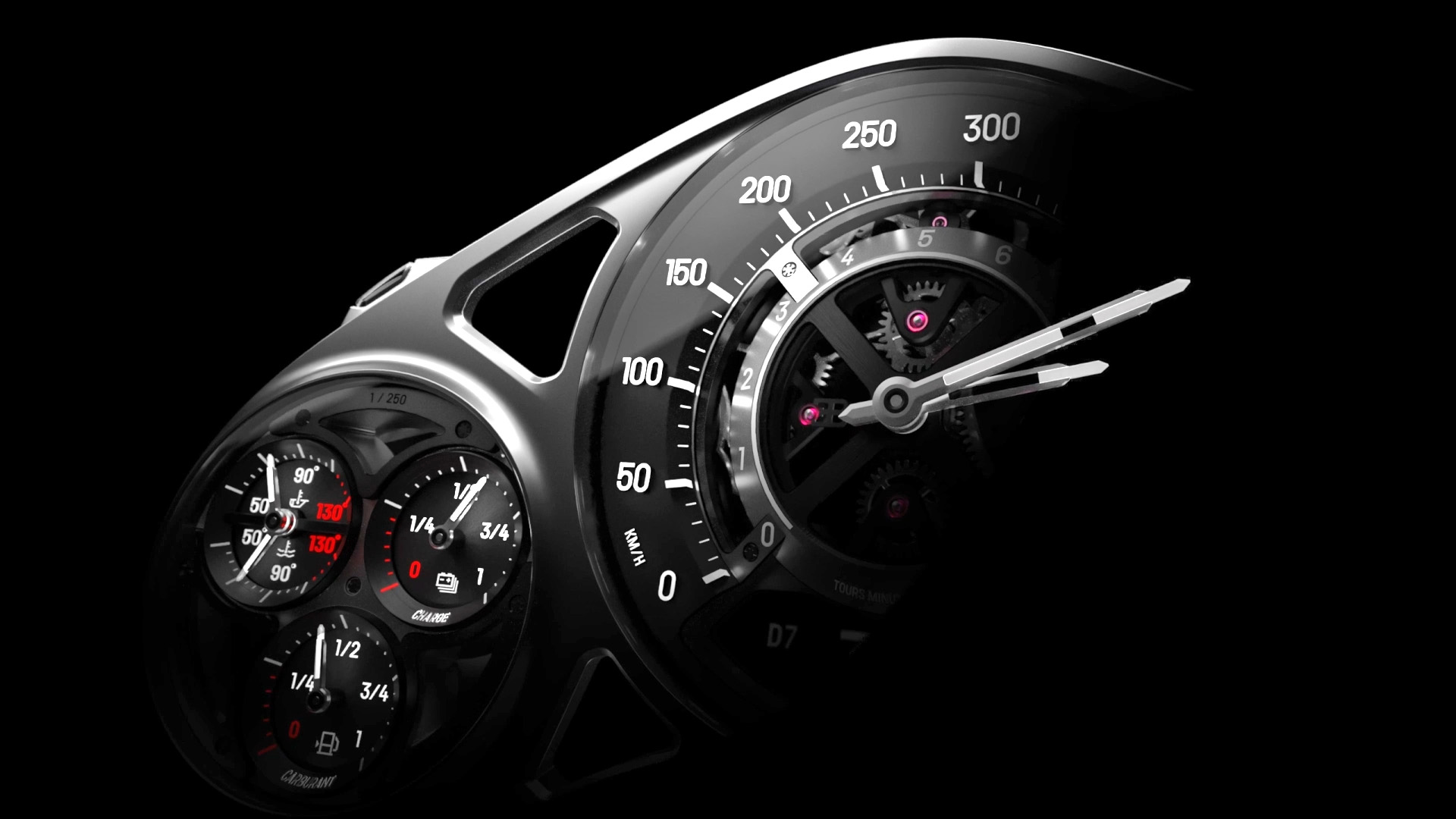 An image of a rendered speedometer from a Bugatti teaser.