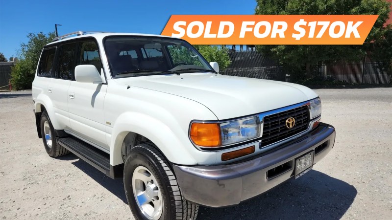 Front three-quarter image of an 80 Series Toyota Land Cruiser with the text "Sold for $170K" superimposed.