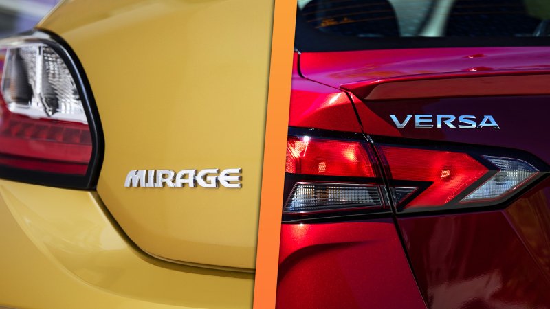 Clos-ups of Mirage and Versa badges.