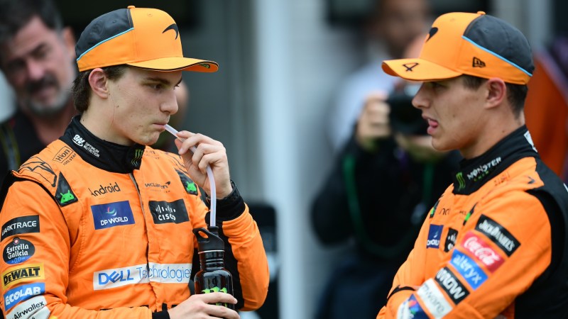 Oscar Piastri of McLaren F1 Team and Lando Norris of McLaren F1 Team are speaking during qualifying of the Hungarian GP, the 13th race of the Formula 1 World Championship in Hungaroring, Mogyorod, Kosice, Hungary, on July 20, 2024. (Photo by Andrea Diodato/NurPhoto via Getty Images)
