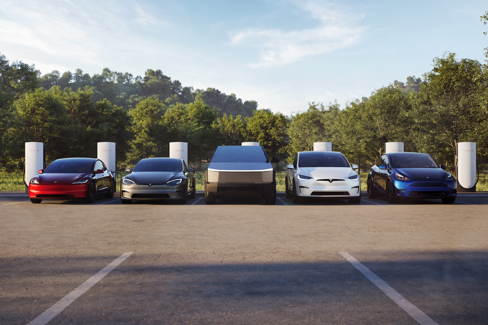 Tesla lineup at a Supercharger station