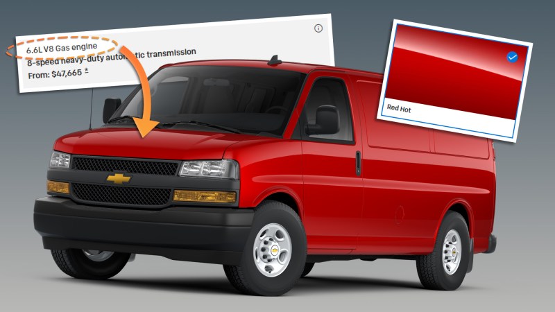 Rendering of a red Chevy Express van with options selected superimposed.