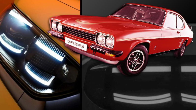 Composition of Ford Capri EV teasers with an old Capri three-quarter image superimposed.