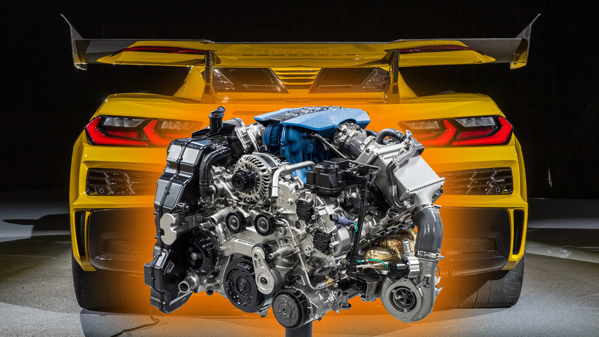 Image of the rear of the Chevy Corvette ZR1 with the engine superimposed.