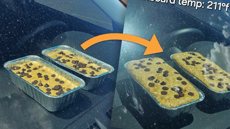 Two loaves of banana bread, before and after sitting on a hot car dashboard