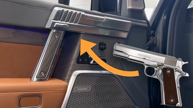A Colt M1911 overlaid onto an image of a Chinese SUV's door handle, which closely resembles the gun