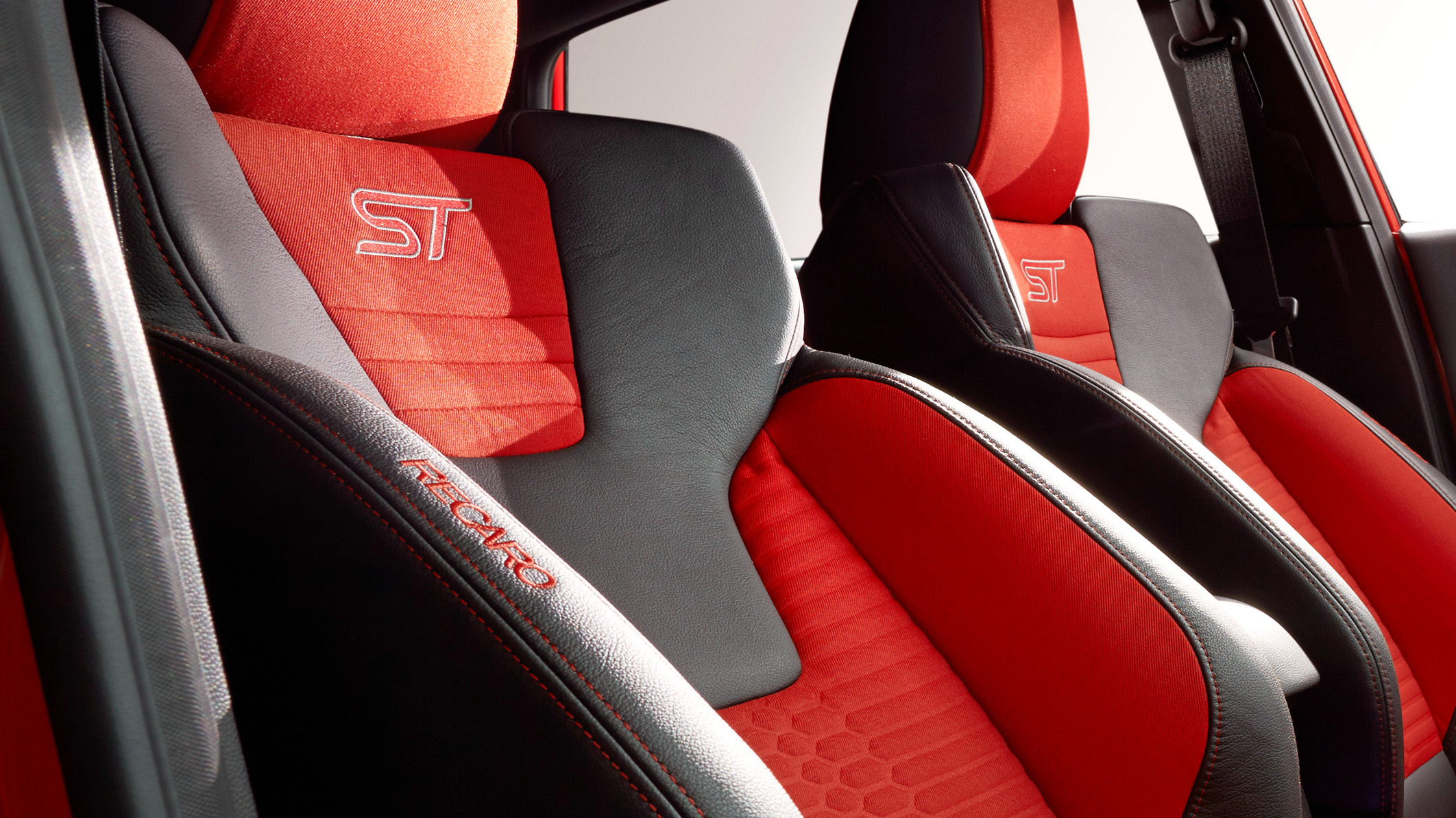 Close up on branding of Recaro seats in the 2014 Ford Fiesta ST.