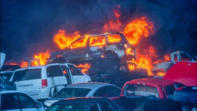 Image of the remains of a car on fire at the salvage yard in California where a fire broke out Thursday.