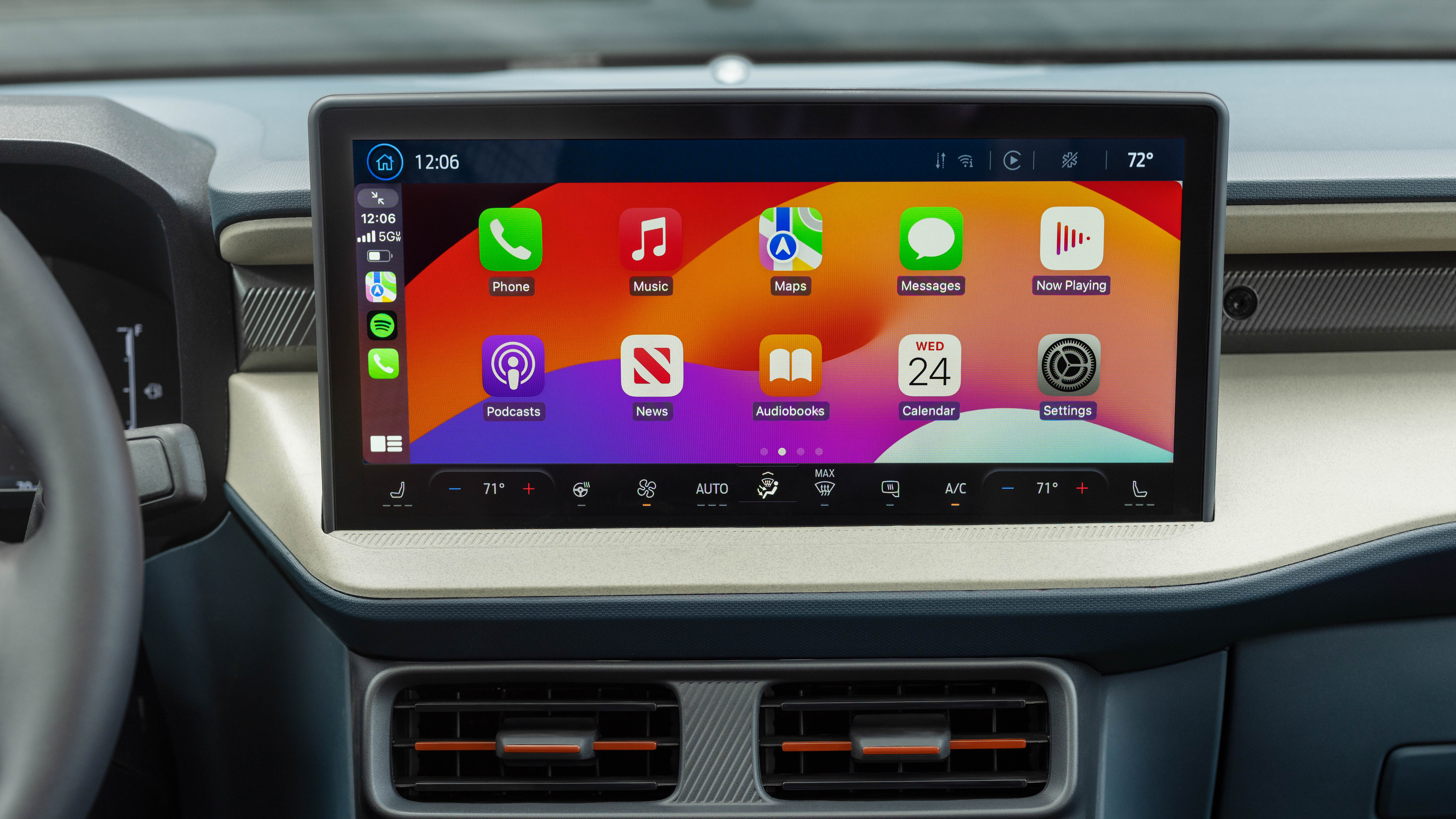 Preproduction model shown. Available late 2024. Compatible Android or Apple phone with compatible active data plan and software required. SYNC® 4 does not control third-party products while in use. Third parties are solely responsible for their respective functionality. Apple CarPlay is a trademark of Apple Inc., registered in the U.S. and other countries. Don’t drive while distracted or while using handheld devices. Use voice-operated systems when possible. Some features may be locked out while the vehicle is in gear. Not all features are compatible with all phones.