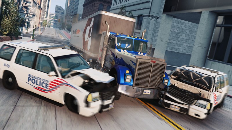 A semi truck crashes through two police SUVs in simulator BeamNG