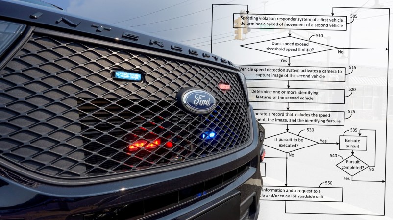 Close up of Ford Interceptor grille with flowchart from patent in background.