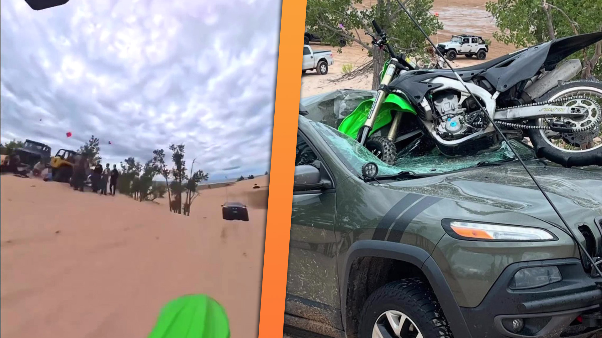 Side-by-side image of moments before impact between dirt bike and Jeep Cherokee, as well as the aftermath with the bike crashed through the SUV's windshield.