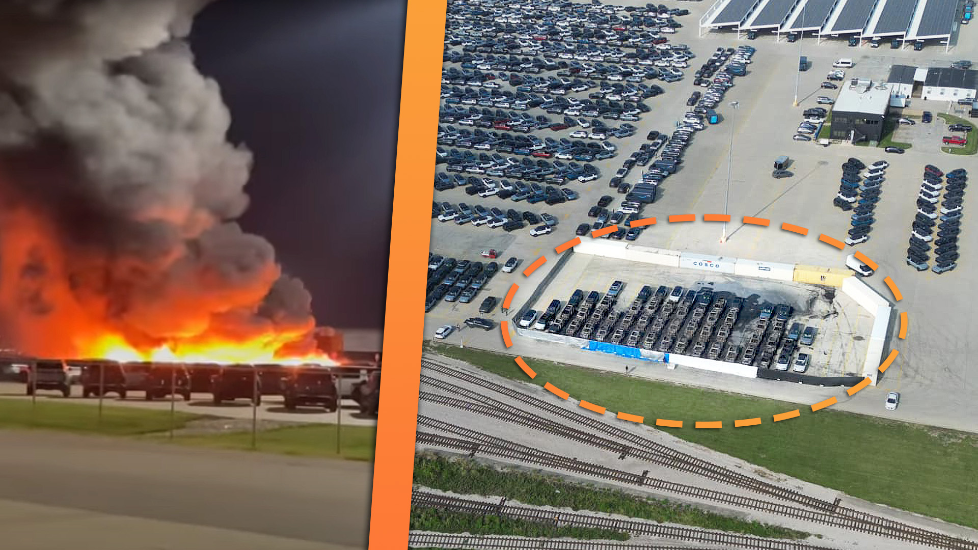 Side by side images of Rivian EVs on fire outside the company's plant, and an overhead view of the affected cars after the fire was extinguished.