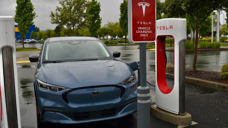 2024 Ford Mustang Mach-Es charge at Supercharger stalls in Washington.