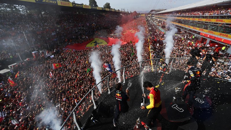 MONZA, ITALY - SEPTEMBER 03: Race winner Max Verstappen of the Netherlands and Oracle Red Bull Racing, Second placed Sergio Perez of Mexico and Oracle Red Bull Racing and Third placed Carlos Sainz of Spain and Ferrari celebrate on the podium during the F1 Grand Prix of Italy at Autodromo Nazionale Monza on September 03, 2023 in Monza, Italy. (Photo by Mario Renzi - Formula 1/Formula 1 via Getty Images)