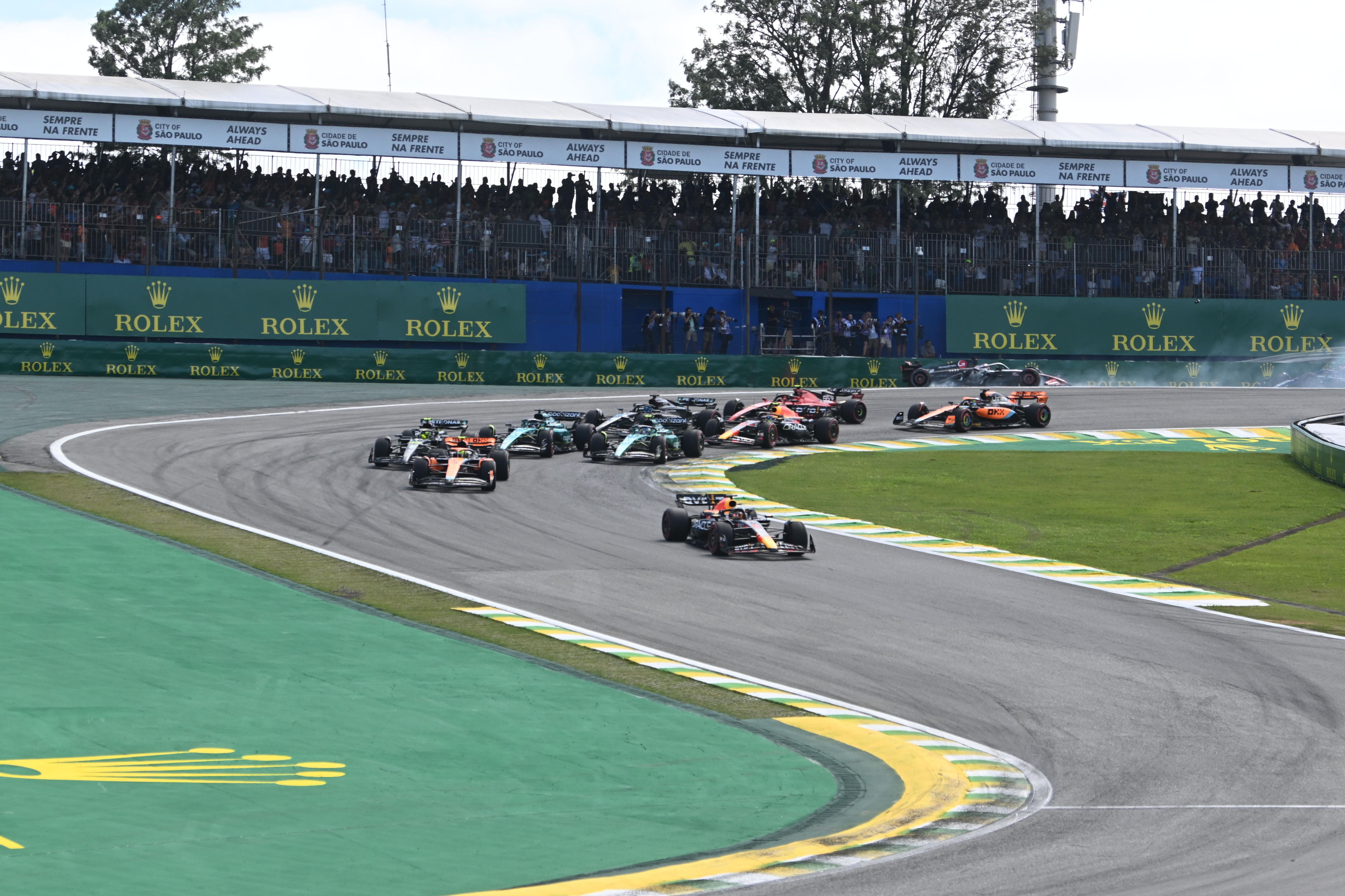 SAO PAULO, BRAZIL - NOVEMBER 05: Crash, Nico Hulkenberg of Germany driving the Haas F1 VF-23 Ferrari on track during the F1 Grand Prix of Brazil at Autodromo Jose Carlos Pace on November 05, 2023 in Sao Paulo, Brazil. (Photo by Richard Callis ATPImages/Getty Images)