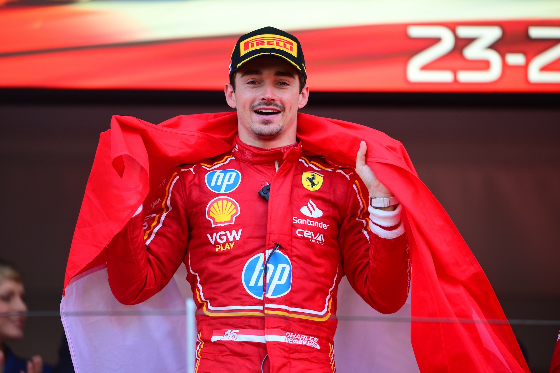 Charles Leclerc of Scuderia Ferrari is celebrating on the podium during the race of the Monaco GP, the 8th stage of the Formula 1 World Championship in Monaco, Monaco, on May 26, 2024. (Photo by Andrea Diodato/NurPhoto via Getty Images)