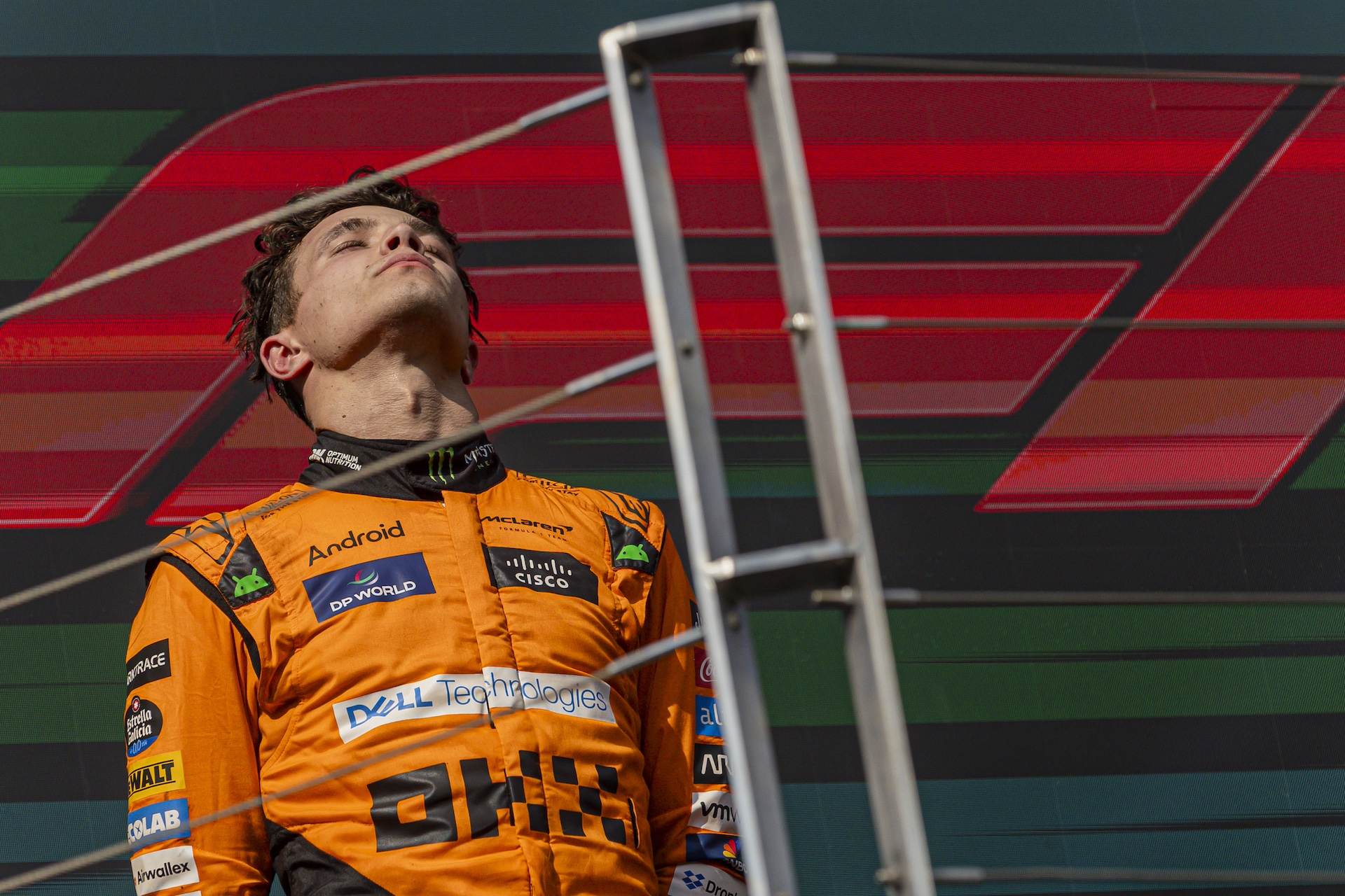 Lando Norris of Great Britain and McLaren F1 Team is standing on the podium at the Formula 1 Hungarian Grand Prix in Mogyorod, Hungary, on July 21, 2024. (Photo by Robert Szaniszlo/NurPhoto via Getty Images)