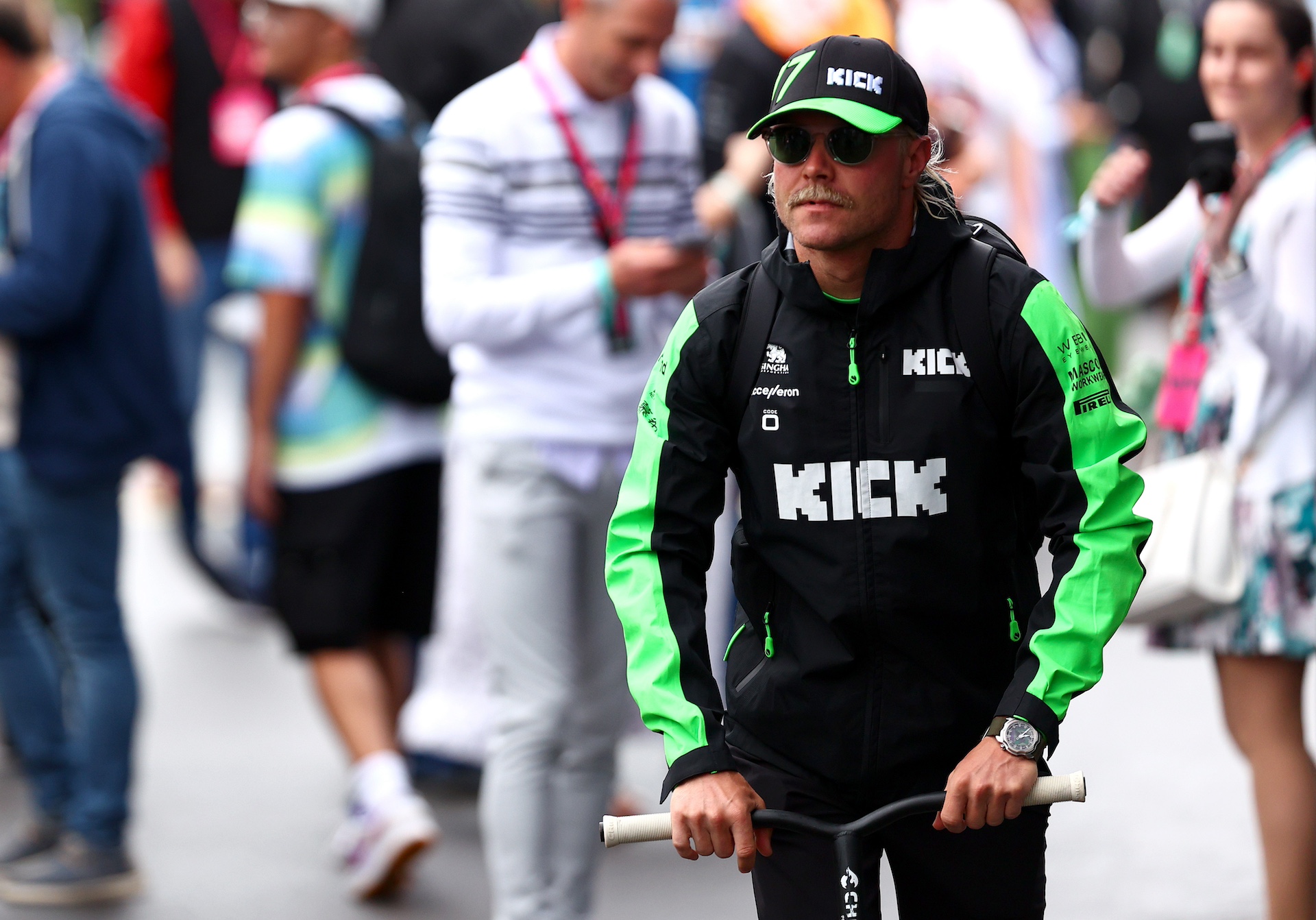 SPA, BELGIUM - JULY 27: Valtteri Bottas of Finland and Stake F1 Team Kick Sauber arrives in the Paddock prior to final practice ahead of the F1 Grand Prix of Belgium at Circuit de Spa-Francorchamps on July 27, 2024 in Spa, Belgium. (Photo by Dean Mouhtaropoulos/Getty Images)