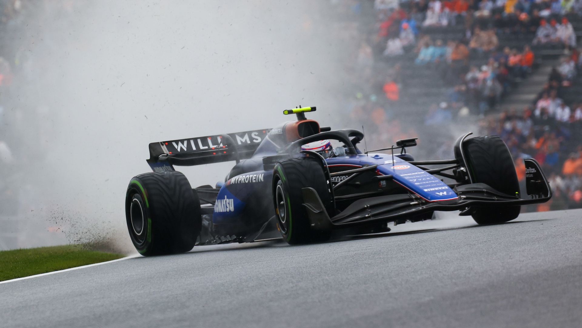 Logan Sargeant of the United States drives the (2) Williams Racing FW46 Mercedes before the crash during free practice 3 of the Formula 1 Heineken Dutch Grand Prix 2024 in Zandvoort, Netherlands, on August 24, 2024. (Photo by Alessandro Martellotta/Morgese/NurPhoto via Getty Images)