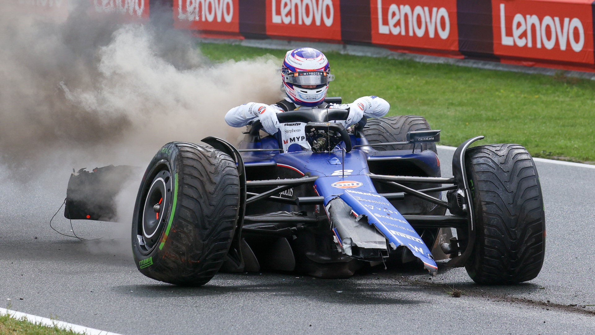 Logan Sargeant of the United States drives the (2) Williams Racing FW46 Mercedes after the crash during free practice 3 of the Formula 1 Heineken Dutch Grand Prix 2024 in Zandvoort, Netherlands, on August 24, 2024. (Photo by Alessandro Martellotta/Morgese/NurPhoto via Getty Images)