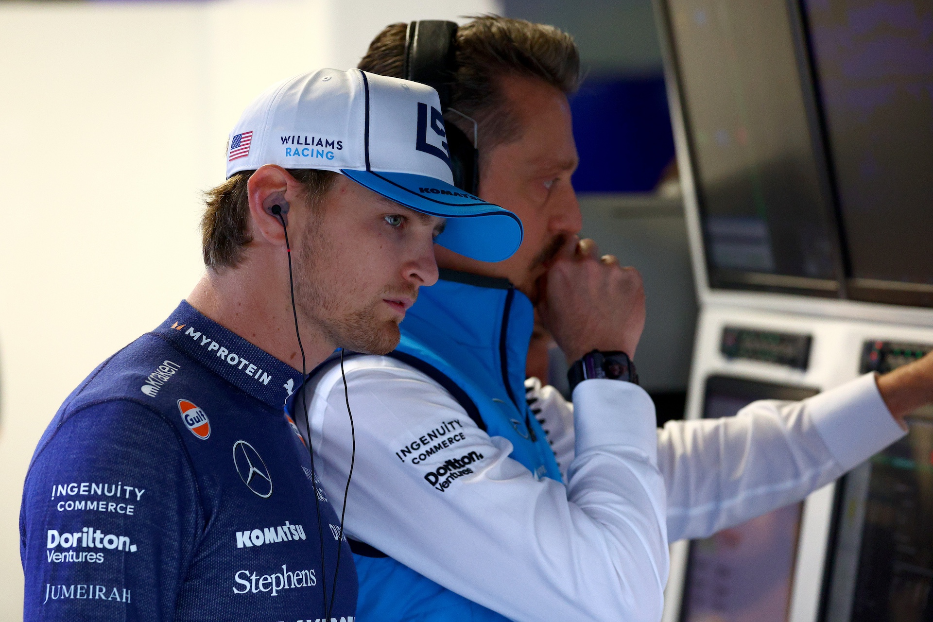 ZANDVOORT, NETHERLANDS - AUGUST 24: Logan Sargeant of United States and Williams looks on in the garage during final practice ahead of the F1 Grand Prix of Netherlands at Circuit Zandvoort on August 24, 2024 in Zandvoort, Netherlands. (Photo by Clive Rose/Getty Images)