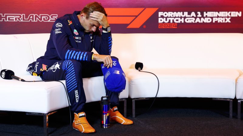 ZANDVOORT, NETHERLANDS - AUGUST 25: Max Verstappen of the Netherlands and Oracle Red Bull Racing attends the press conference after the F1 Grand Prix of Netherlands at Circuit Zandvoort on August 25, 2024 in Zandvoort, Netherlands. (Photo by Clive Rose/Getty Images)