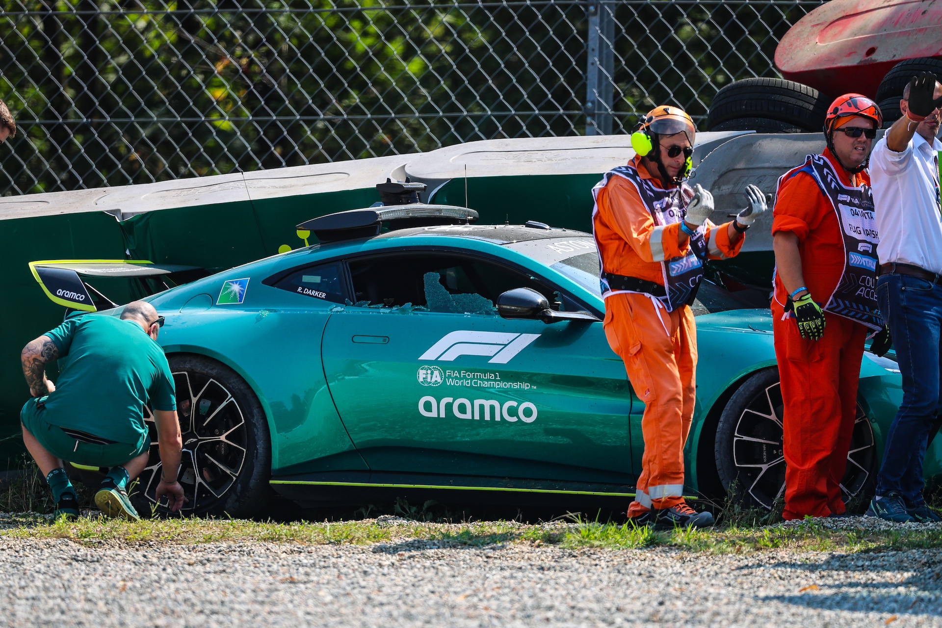 MONZA, ITALY - AUGUST 29: F1 safety car wreck after crashing into a barrier at parabolica during previews ahead of the F1 Grand Prix of Italy at Autodromo Nazionale Monza on August 29, 2024 in Monza, Italy. (Photo by Kym Illman/Getty Images)