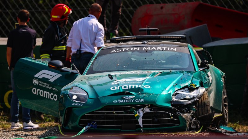 MONZA, ITALY - AUGUST 29: F1 safety car wreck after crashing into a barrier at parbolica during previews ahead of the F1 Grand Prix of Italy at Autodromo Nazionale Monza on August 29, 2024 in Monza, Italy. (Photo by Kym Illman/Getty Images)